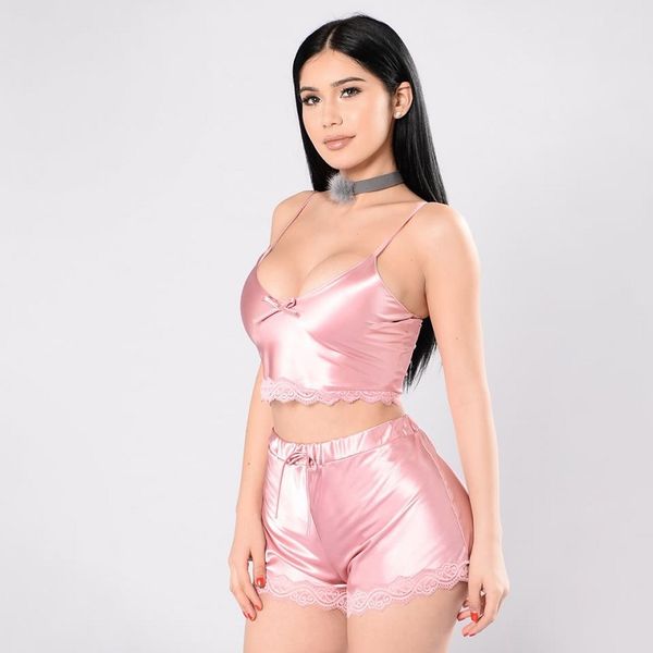 

plus size women sleeveless satin lace trim cami + shorts pajamas sets pizama damska lingerie sleepwear pyjama femme, Blue;gray