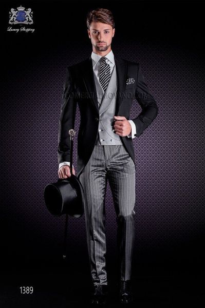 

black tailcoat men wedding tuxedos new fashion groom tuxedos peak lapel one button men dinner prom clothes(jacket+pants+tie+vest) 1558, Black;gray