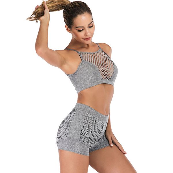 

women with shorts yoga suit mesh hollow out breathable slim fit clothing set h7jp