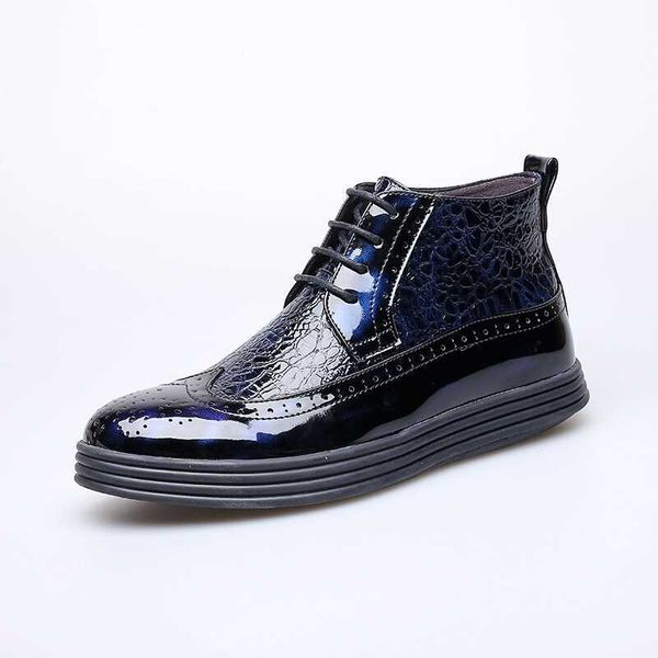 

british style mens casual breathable party banquet wear patent leather brogue shoes platform sneaker carving bullock oxford shoe, Black