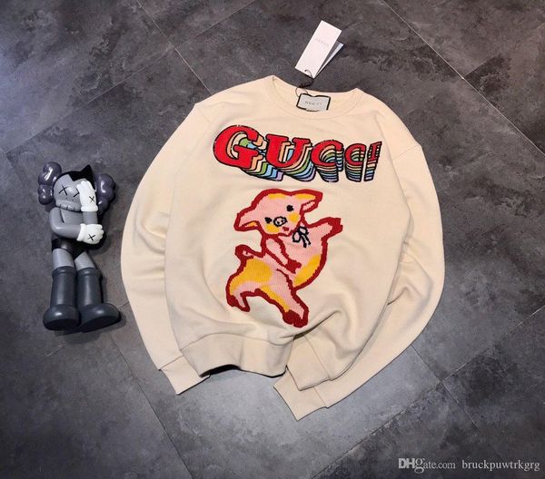 

2019 autumn and winter new gucc11 limited edition piggy sequin alphabet embroidered round neck sweater s, Black;brown