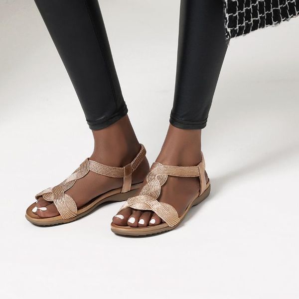 

shujin women flat twist pattern ankle strap sandals womens buckle glitter slip on beach shoes women rome ladies, Black