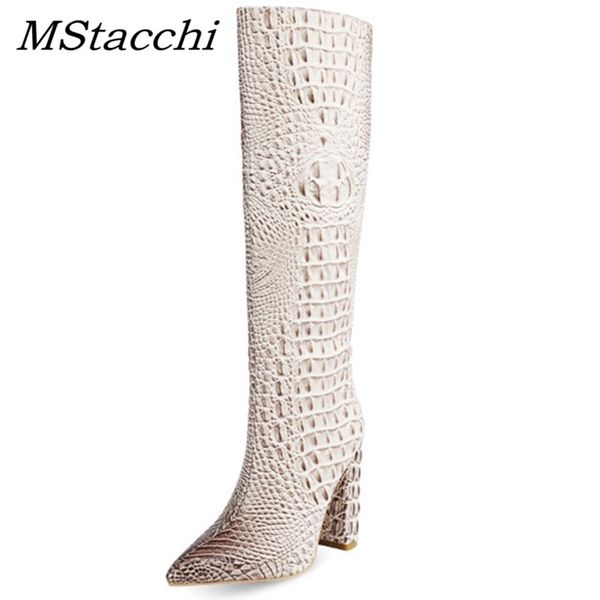 

mstacchi spring crocodile print knee high boots women patent leather thick heel long boots fashion ladies pointed toe party boot, Black