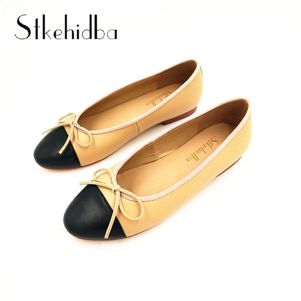 

stkehidba luxury brands women's shoes comfort round toe leather women's flats butterfly-knot bowtie casual shoes ballet flats 42, Black