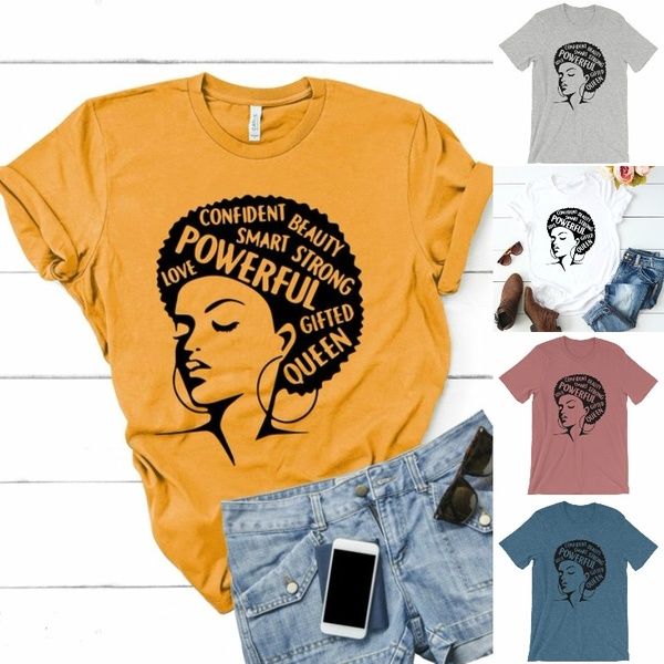 

afro lady shirt women feminist tee girl power tshirt summer fashion short sleeve t-shirt inspiring words letters printing cotton lady ca, White