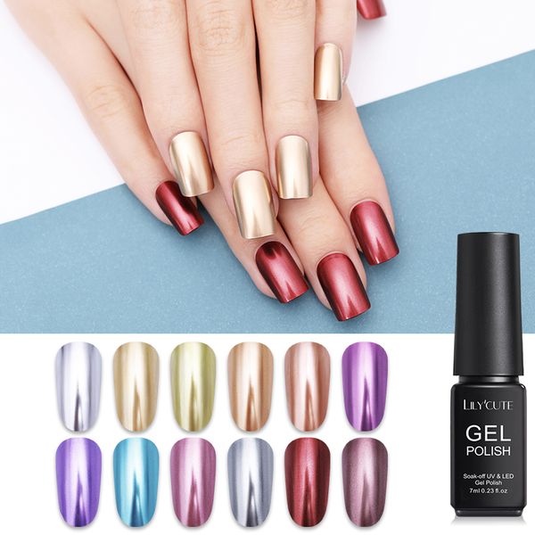 

lilycute 7ml/5ml metallic gel nail polish silver rose gold long lasting nails soak off nail art uv gel varnish 14 colors, Red;pink