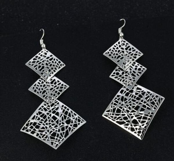 

new european and american fashion multi-level rhombohedral personality hollow earrings retro earrings fashion classic exquisite elegance, Silver
