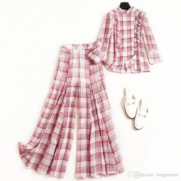 

women's wide leg pants suit ruffles chiffon and blouses two piece set outfits new 2019 spring summer, White