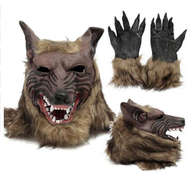 

new party cosplay latex rubber wolf head hair mask gloves, novelty animal full mask halloween role play fancy dress party costume