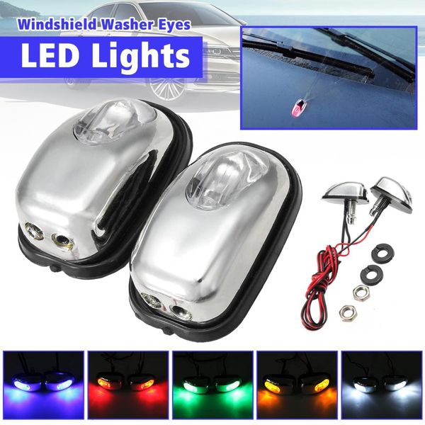 

new 2x chrome blue led light lamp windshield jet spray nozzle wiper washer eyes