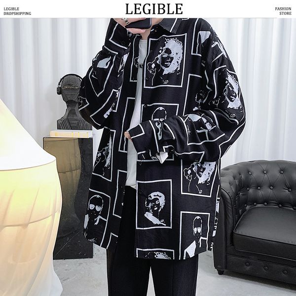 

legible printing shirt men 2020 men korean fashion long sleeve shirt male hawaiian shirts casual loose clothes, White;black