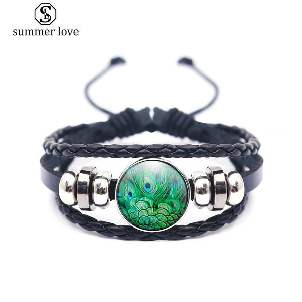 

handmade peacock pattern multilayer leather bracelet for men women 17mm glass tray charm bracelet fashion jewelry wholesale, Black