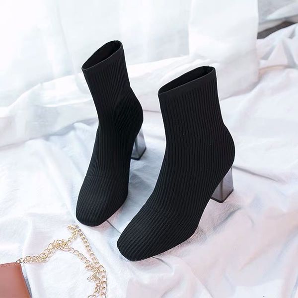 

2020 chinese autumn new pointy thick heel socks boots women's single elastic boots high heel women's shoes, of charge, Black