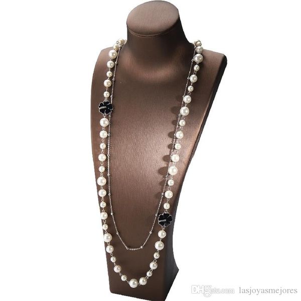 

fashion designer luxury classic diamonds rhinestones camellia flower elegant bright pearls long sweater statement necklace for woman, Black