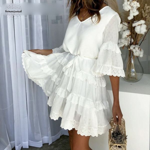 

summer dress elegant v neck ruffle layered women summer casaul short high waist white dress embroidery loose dresses ladies, Black;gray