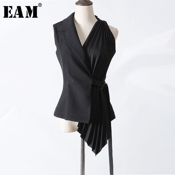 

eam] 2018 new spring fashion stitching crimp design irregular hemline buckle loop black white vest loose woman yc311