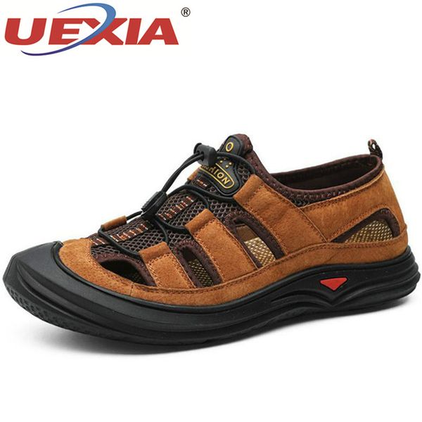 

uexia new men leather & mesh outdoor sandals 2019 summer breathable casual shoes footwear walking beach sandals water sneakers, Black