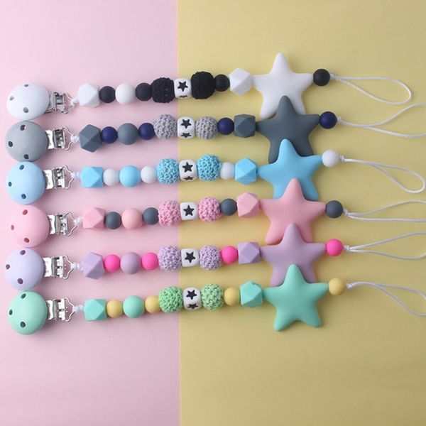 

new style cute silicone pacifier chains handmade pacifier clips holder chain five star baby teether teething chain kids toys