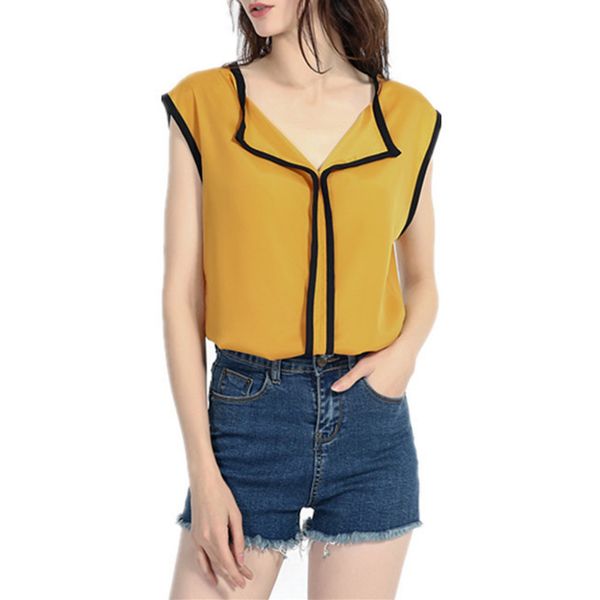 

lapel contrast women's sleeveless v-neck casual solid fresh sweet chiffon shirt blouse wild vest bottoming shirt summer leisur *, White