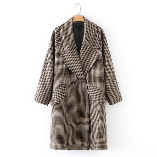 

осень и зима новой улица мода ударила цвет хаундсет пальто шерстяного пальто женщин, отворот потерять большого размер средней длиной женщина, Black