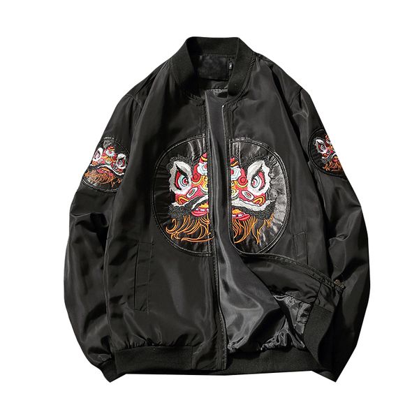 

youthup 2020 new chinese lion dancing style men's baseball collar embroidered casual jackets spring and autumn m-5xl two colors, Black;brown