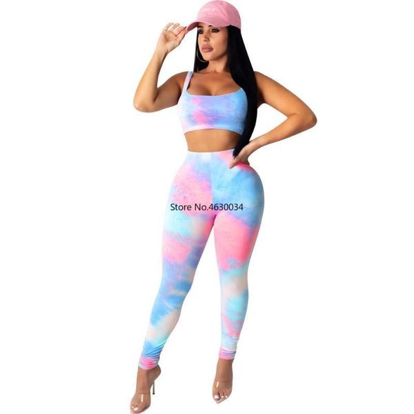 

sport tie dye galaxy women two piece set tracksuit mini tank jogger legging pants suit outfits matching set outfits, White