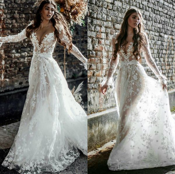 

new arrival bohemian wedding dresses deep v neck lace appliqued boho wedding gowns a line custom made sweep train vestidos de novia, White