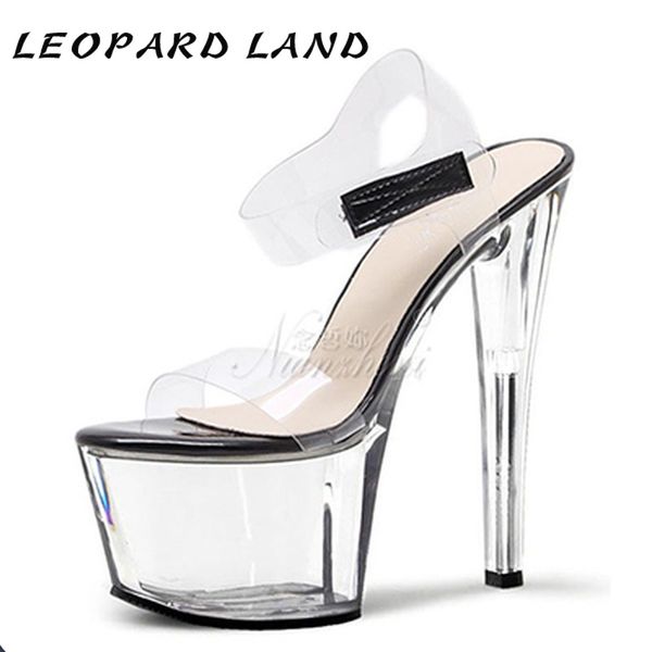 

leopard land13cm heels cinderella crystal transparent platform sandals open toe nightclub birthday suit women's high heels lyp, Black