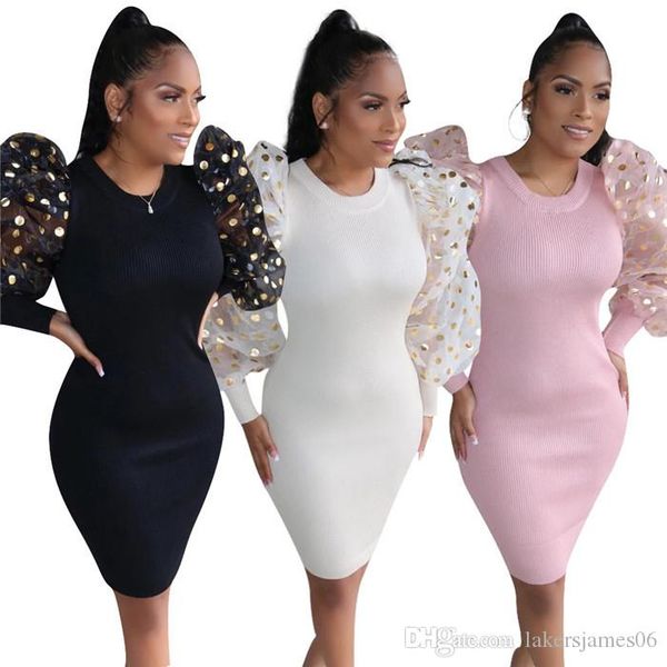 

womens puff sleeve thread dress spring fashion perspective long sleeve crew neck famale clothing fashion party dress, White;black