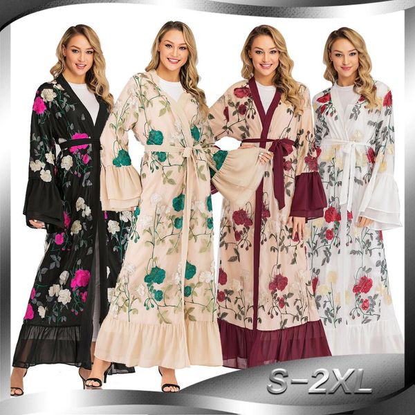 

luxury muslim women embroidery floral abaya full dress flare sleeve islamic women eid kimono cardigan s-2xl, Red