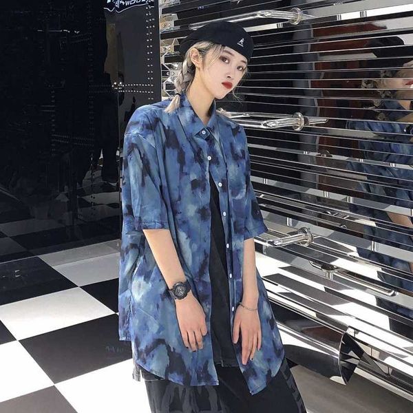 

2020 new short-sleeve female shirt korean version of ins harajuku style dark series retro tie-dye loose shirt jacket women, White