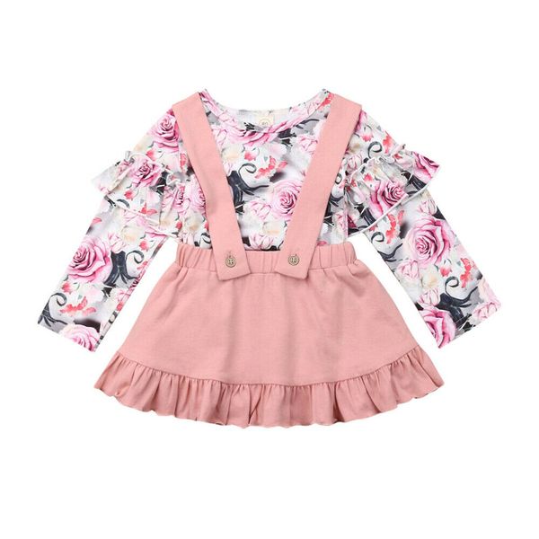 

1-6y toddler baby girl autumn clothes sets ruffle floral ruffles tutu dress overall outfit, White