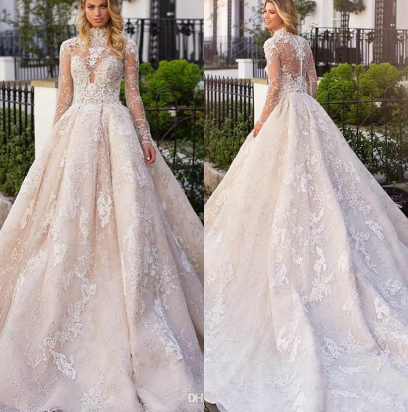 

long sleeve garden wedding dresses high neck lace bridal gowns covered button back a line saudi vestido de novia plus size, White