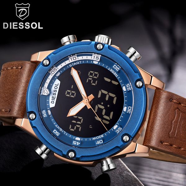 

diessol mens watches quartz sport led digital watch men leather waterproof watches relogio masculino, Slivery;brown