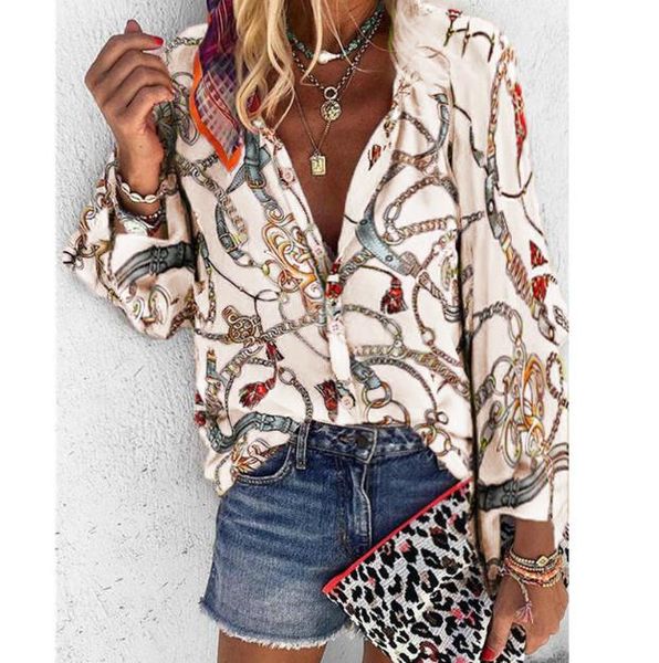 

designer chain printed womens shirts fashion plus size long sleeve blouses casual single breasted womens, White