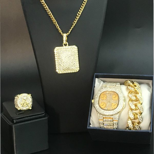 

luxury gold men's watch hip-hop jewelry set ice out watch & necklace & bracelet ring ice out of cuban men jewelry, Slivery;brown