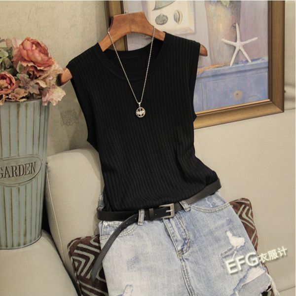 

knitted vests women o-neck solid tank fashion female sleeveless casual thin summer knit woman shirt gilet femme, White