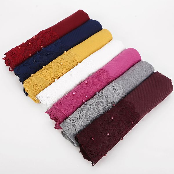 

ethnic clothing 70*200cm muslim women lace hijab scarf ladies shawls and wraps female foulard stole islamic soft cotton pearls headscarf, Red