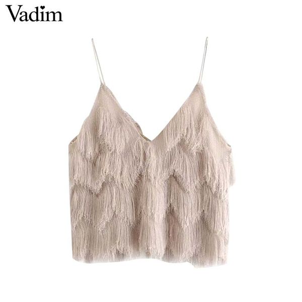 

vadim women v neck tassels crop spaghetti straps sleeveless backless shirts solid female casual short blouse wa456, White
