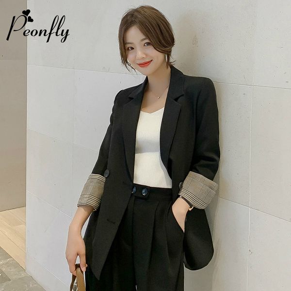 

peonfly solid color winter woman blazer jacket coat double breasted chic long sleeve suit female khaki pink casual cardigan, White;black