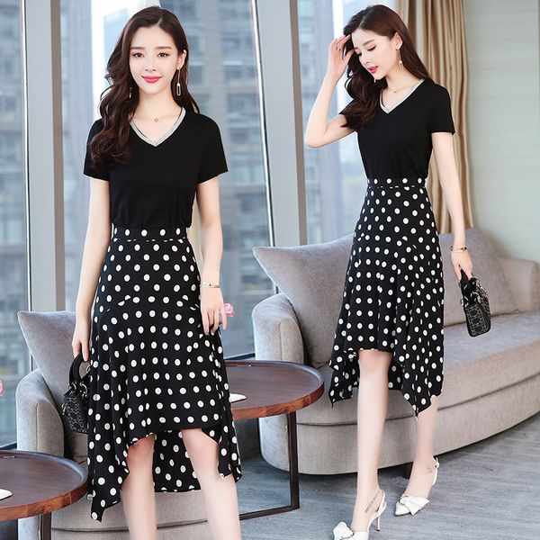 

2019 suit-dress twinset long fund dress woman v lead short sleeve wave point irregular longuette suit, White;black