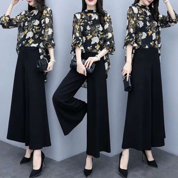 

2020 spring new women's loose flower chiffon two piece set wide leg pants suit casual fashion suit female large size s-3xl, White