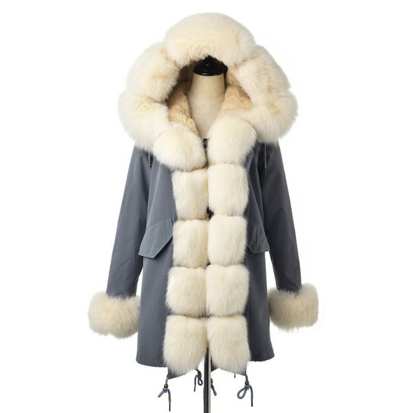 

fursarcar fashion 80 cm long jacket real fur parka women luxury winter coat with fur collar and cuff casual warm parka, Black