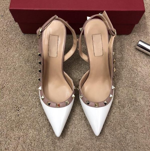 

2020 new fashion wedding lady women spikes white patent leather poined toes high heeled heels stiletto shoes slingback pump