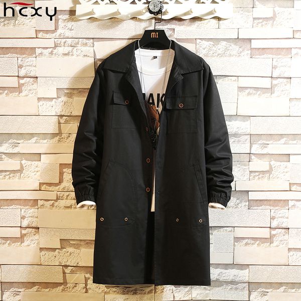 

hcxy korean style men coats long men's trench coat men fashion clothes for windbreakers windcheater rib sleeve full cotton, Tan;black