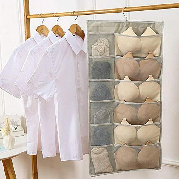 Double Sided Hanging Closet Organizer For Underwear Stocking Bra And Sock 30 Mesh Pockets With Rotating
