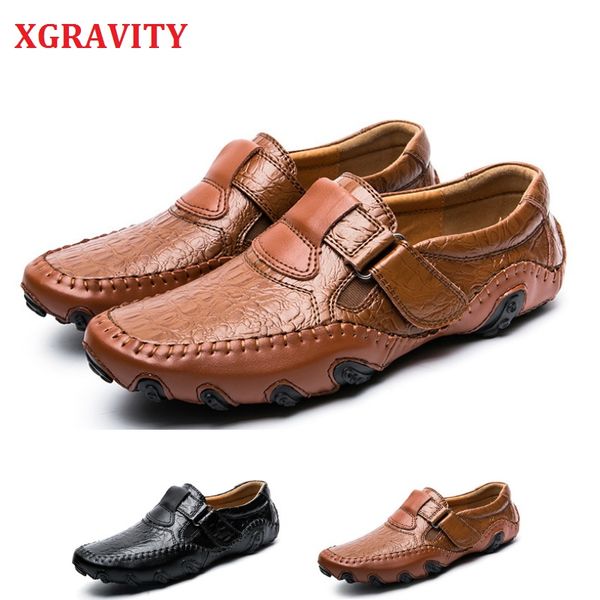 

xgravity large size loafer fashion flat shoes men's casual flats driving genuine leather man footwears driver boat shoes a202, Black