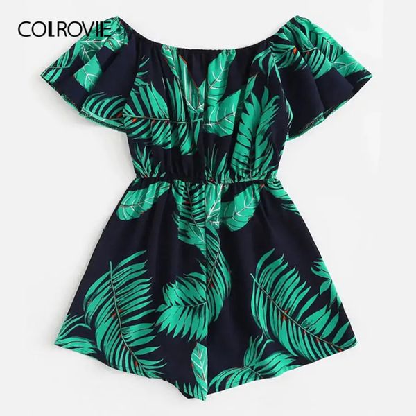 

colrovie plus size off the shoulder tree print ruffle boho jumpsuit rompers women 2019 summer short sleeve vacation playsuits, Black;white