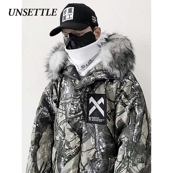 

unsettle 2019 parka men cotton padded jacket hooded winter warm thick jackets outerwear hip hop fur collar streetwear oversize, Black