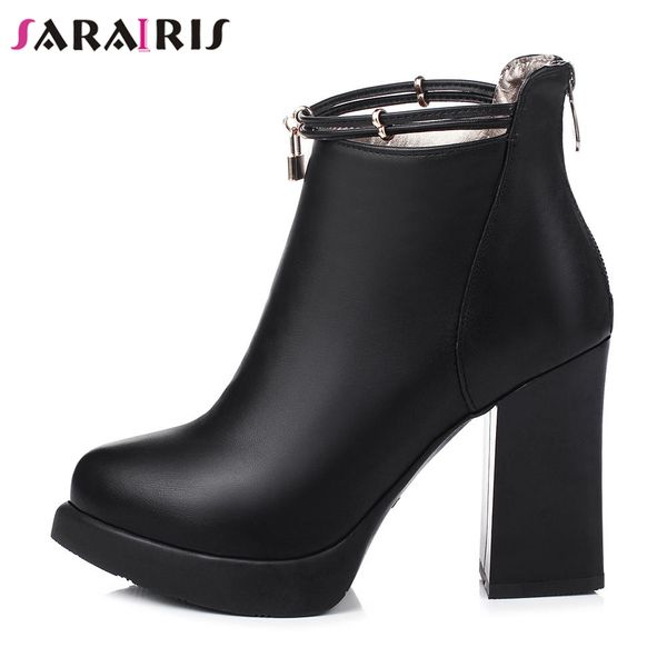 

sarairis new square high heels zip solid pointed toe platform shoes woman casual winter boots big size 33-43, Black